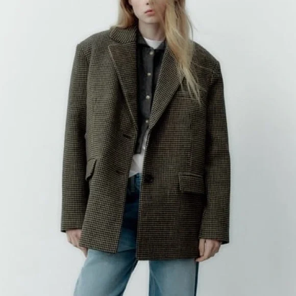 NEW ZARA Wool-Blend Houndstooth Oversized Blazer Jacket Tan Size XS